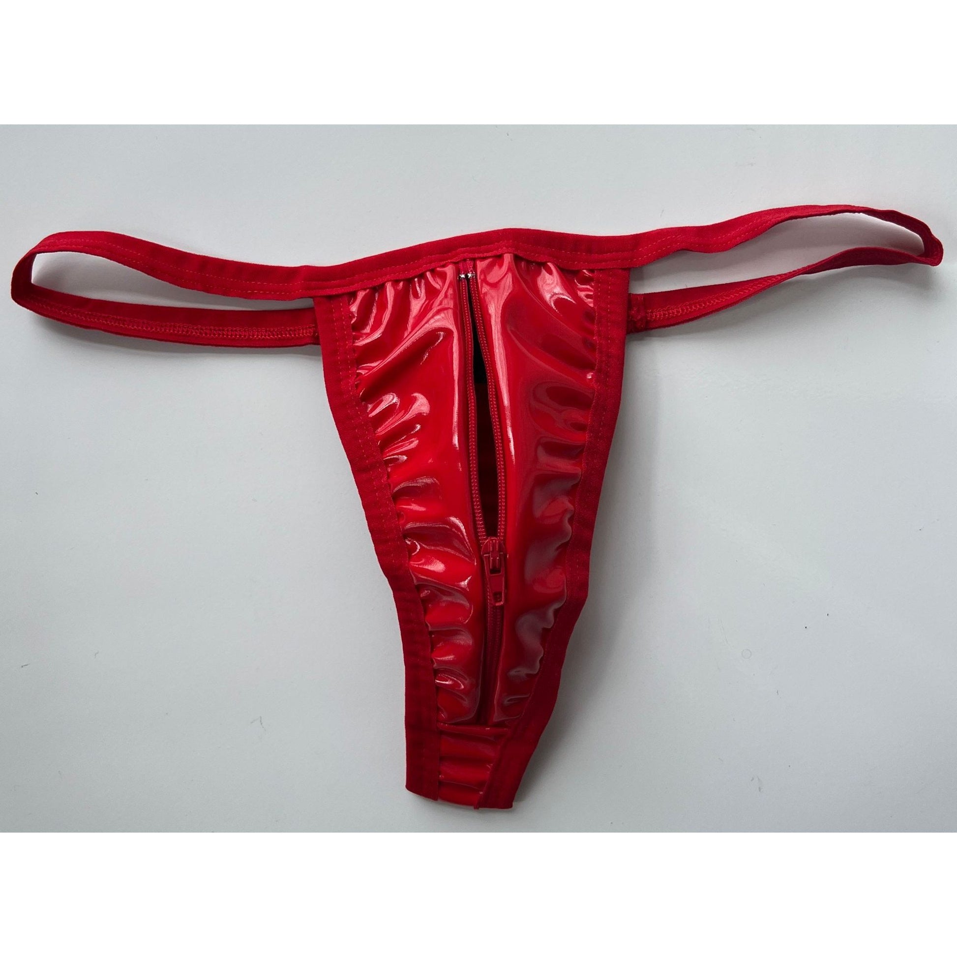 Latex Zipper Panties Thong - Lacquer Leather Open Crotch Panty - Red String - Micro G-String Zipper Crotch