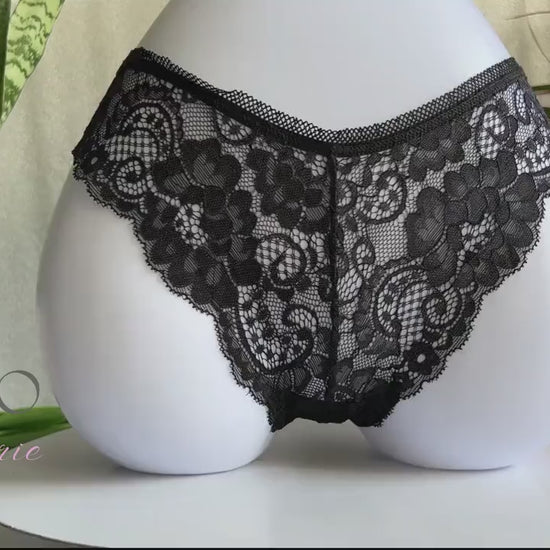 Sexy French Lace String Women Panties • Bird Motif and Love with Rhinestone on Back • Sheer Thong Underwear with Cotton Inner Gusset