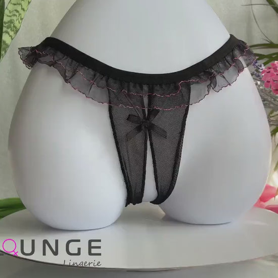 Women’s Sexy Crotchless Open Back Panties • Open Crotch Uncensored • Frilly Crotchless Panties • Sheer Tulle Ruffled Panties